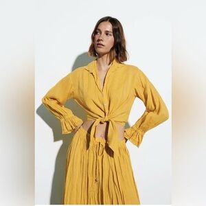 Zara Yellow 100% Ramie Tie Waist Cropped Blouse with ruffled long sleeve